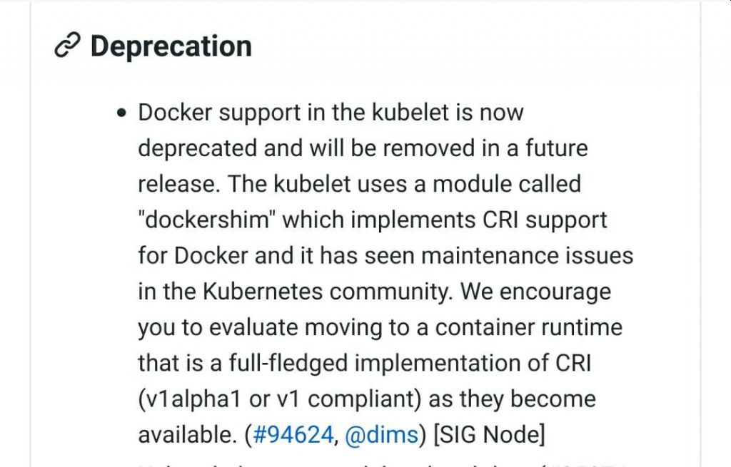 Docker support in the kubelet is now deprecated and will be removed in a future release.